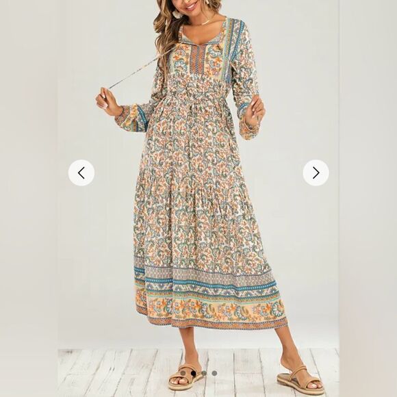 Hey Samy Smock Midi Dress In Blue & Mint Mixed Floral Printed Size M - Picture 1 of 12